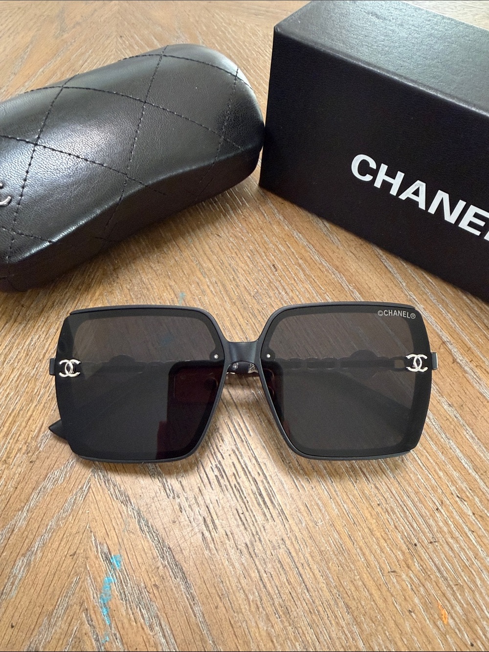 CHANEL Black Square Oversized Sunglasses with Silver CC Logos